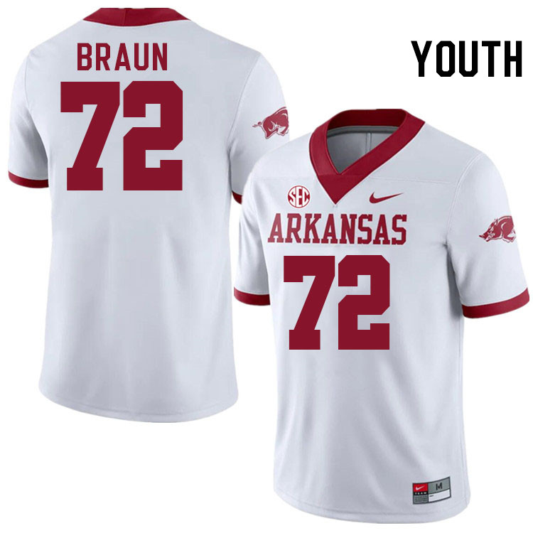 Youth #72 Joshua Braun Arkansas Razorbacks College Football Jerseys Stitched-Alternate White